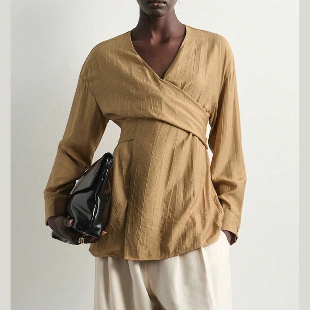 Tan Crinkled Textured Wrap Front Long Sleeve Blouse
